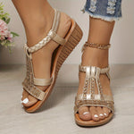 Frieda Orthopedic T-Strap Wedge Sandals with Rhinestones