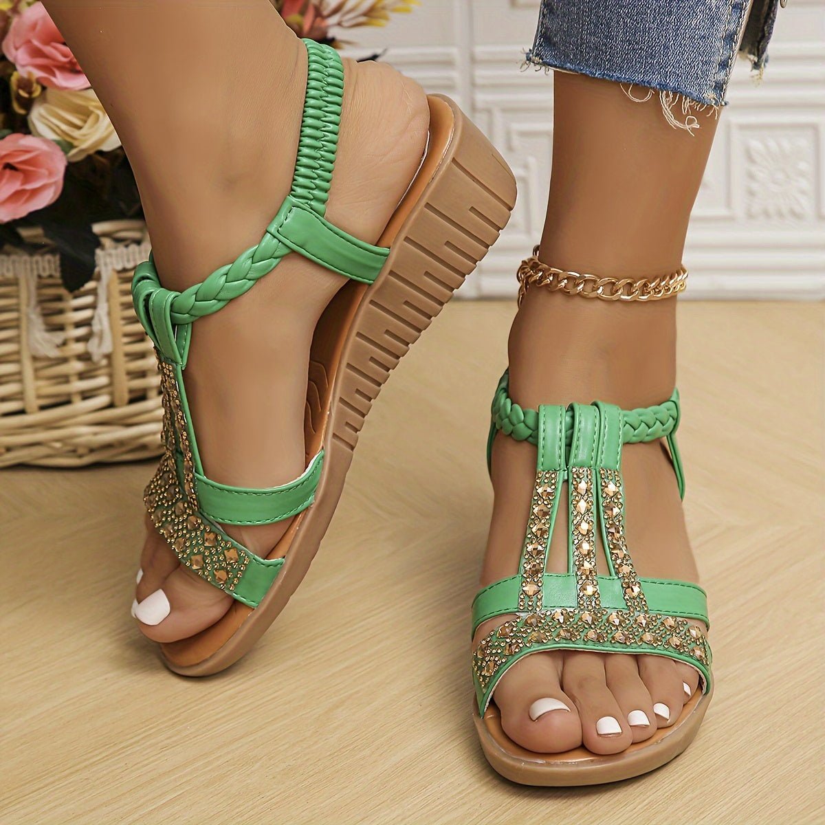 Frieda Orthopedic T-Strap Wedge Sandals with Rhinestones