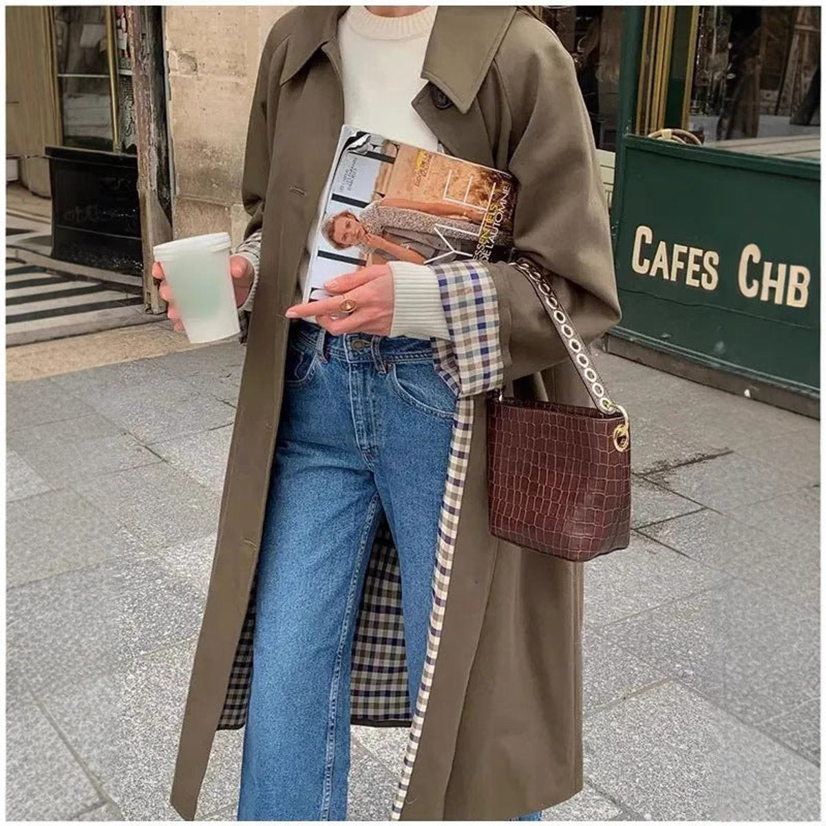 Marie Oversized Plaid-Lined Long Trench Coat