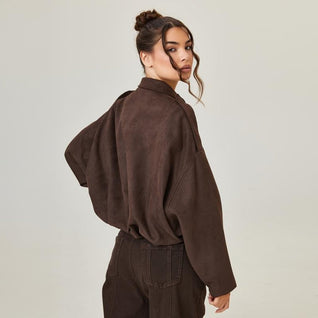 Emilia Oversized Cropped Faux Suede Bomber Jacket