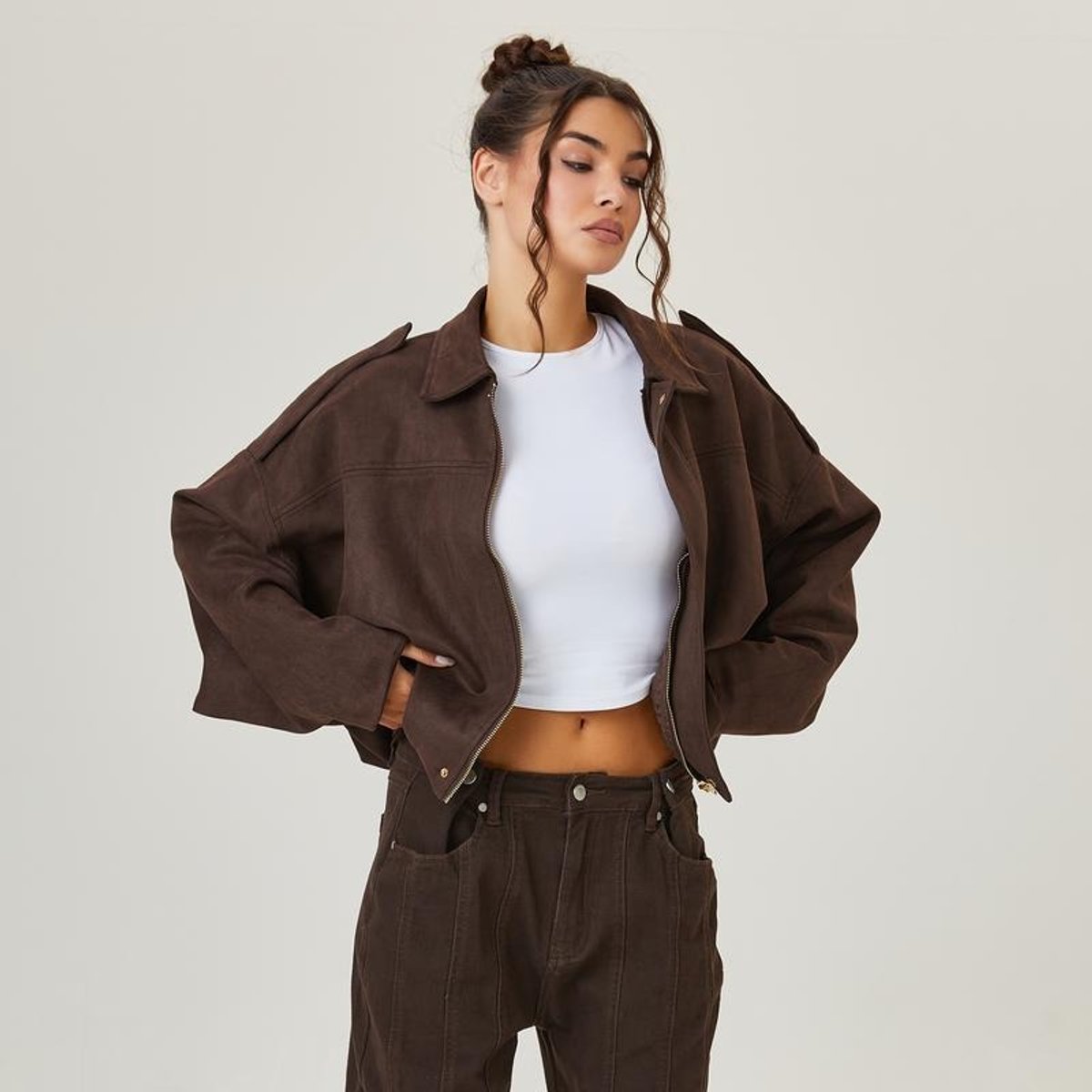 Emilia Oversized Cropped Faux Suede Bomber Jacket
