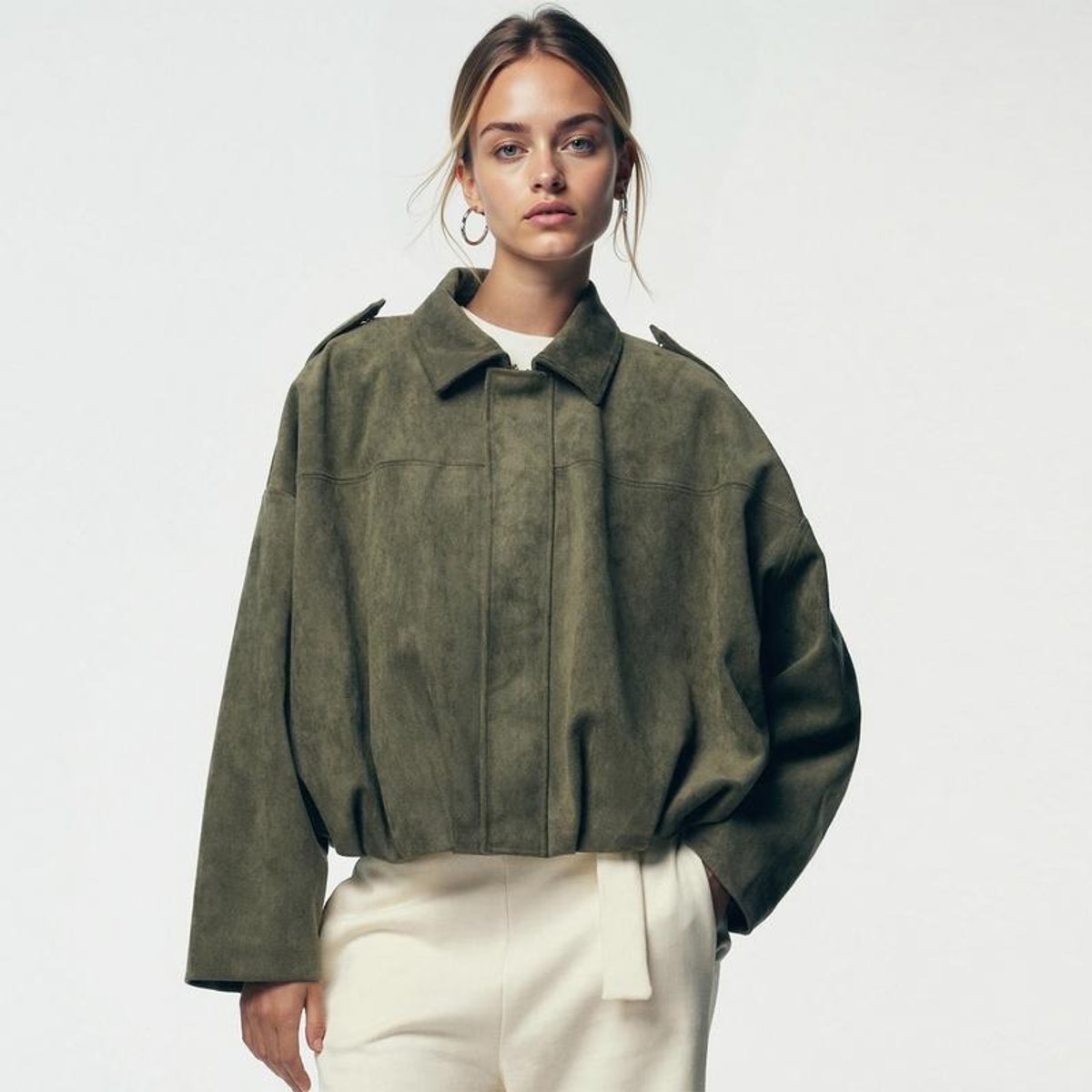 Emilia Oversized Cropped Faux Suede Bomber Jacket