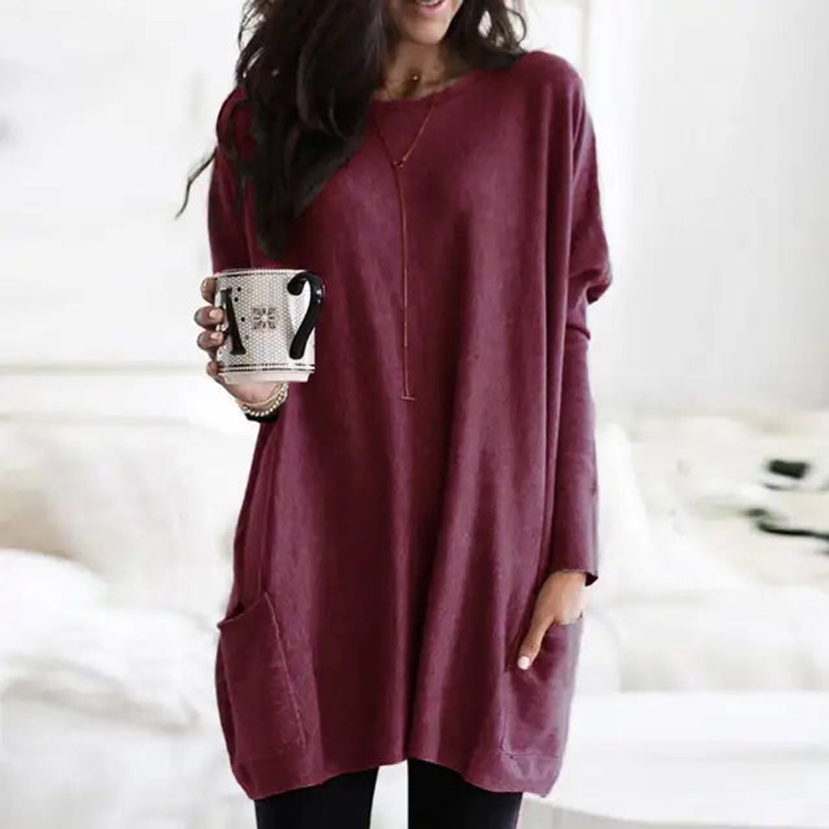 Luisa Oversized Long-Sleeve Tunic Sweater with Pockets