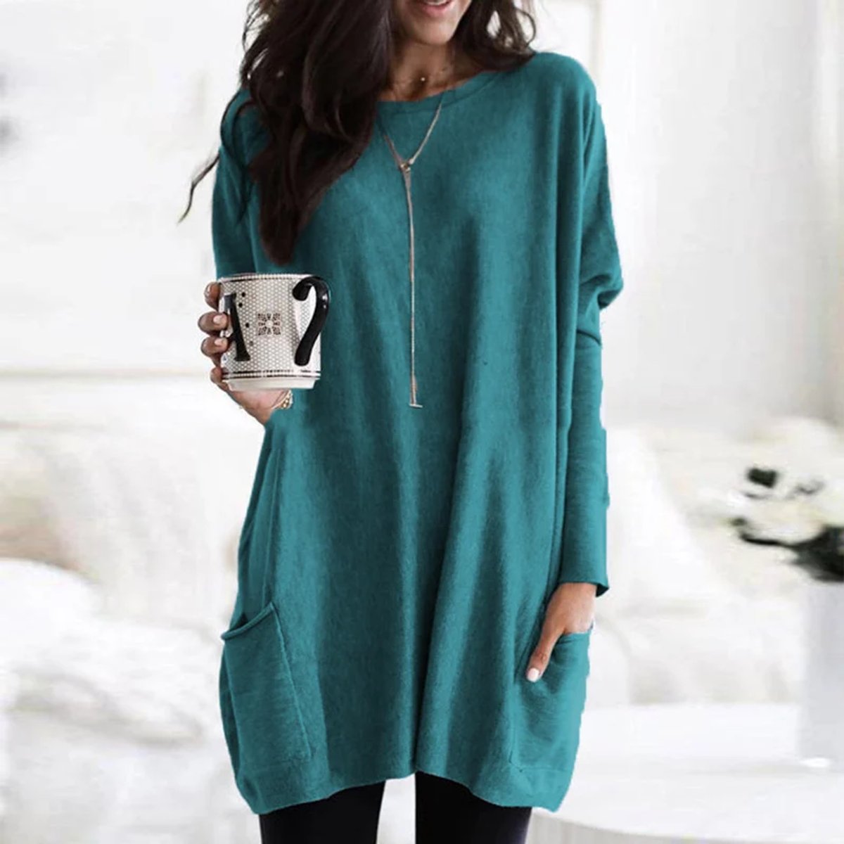 Luisa Oversized Long-Sleeve Tunic Sweater with Pockets