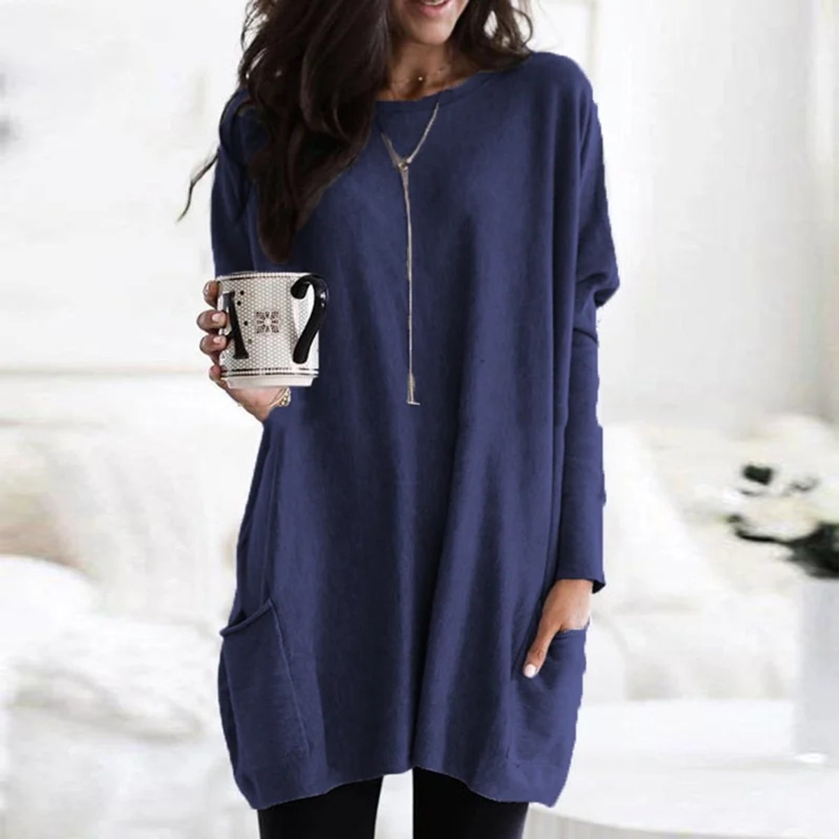 Luisa Oversized Long-Sleeve Tunic Sweater with Pockets