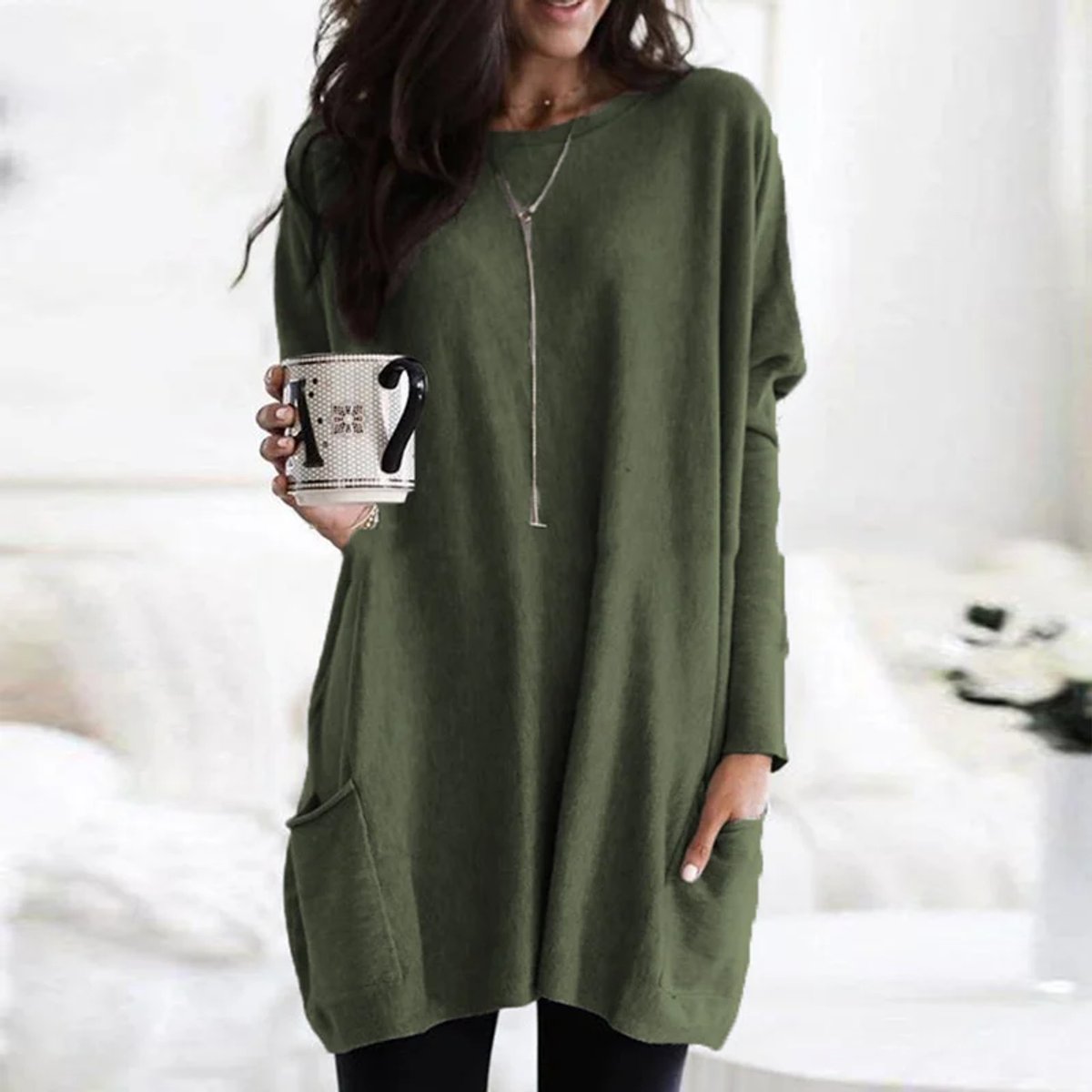 Luisa Oversized Long-Sleeve Tunic Sweater with Pockets