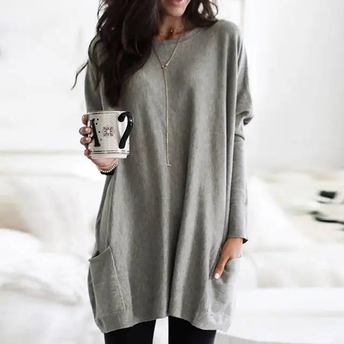 Luisa Oversized Long-Sleeve Tunic Sweater with Pockets