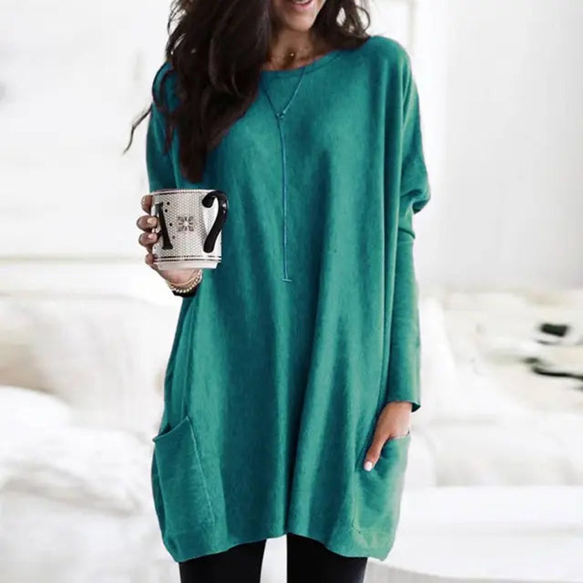 Luisa Oversized Long-Sleeve Tunic Sweater with Pockets