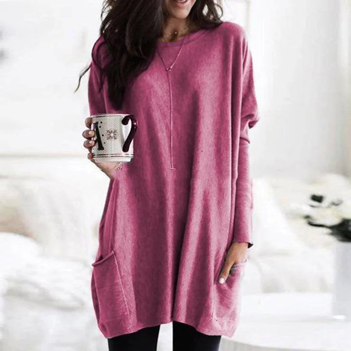 Luisa Oversized Long-Sleeve Tunic Sweater with Pockets