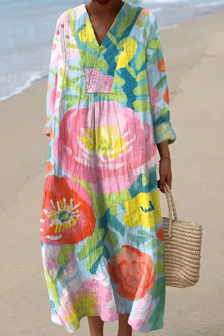 Elfriede Oversized Linen Floral Maxi Dress