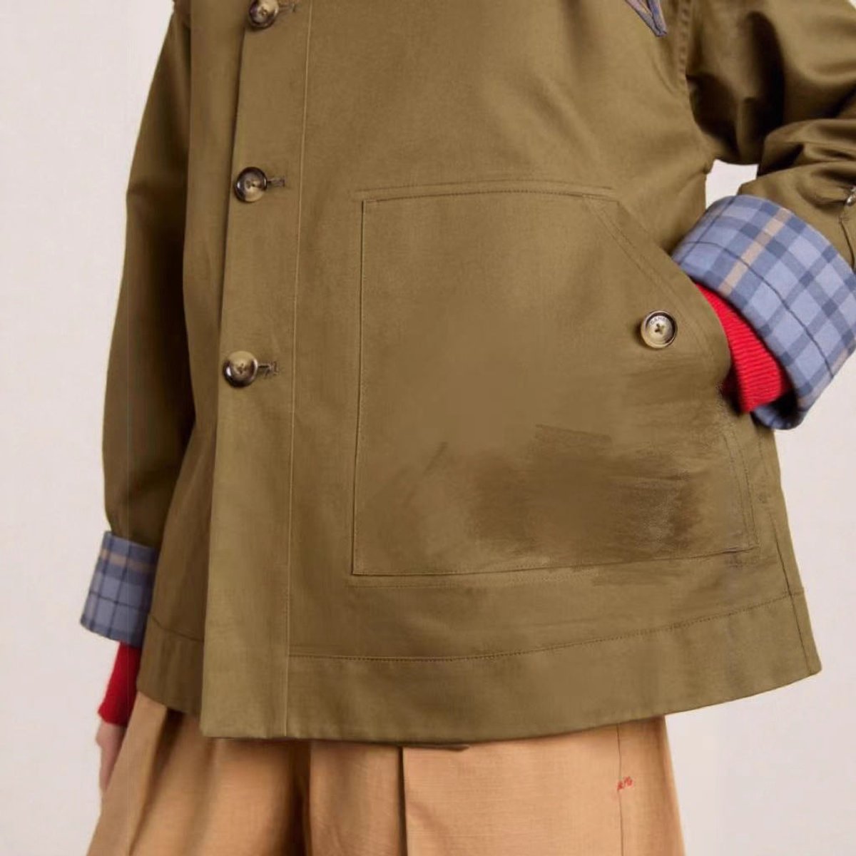 Charlotte Oversized Double-Breasted Trench Coat with Plaid-Lined Collar