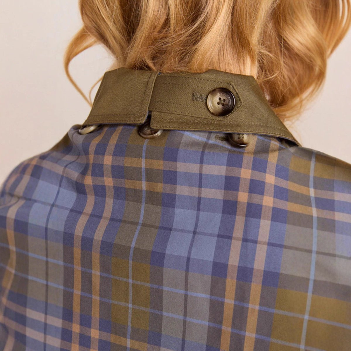 Charlotte Oversized Double-Breasted Trench Coat with Plaid-Lined Collar