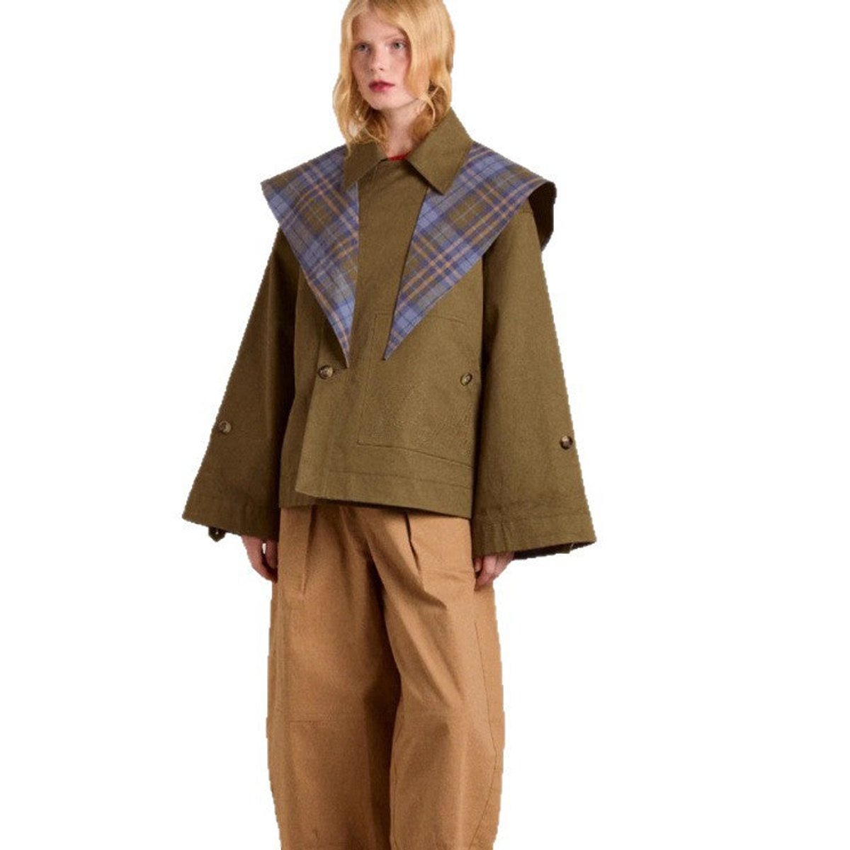 Charlotte Oversized Double-Breasted Trench Coat with Plaid-Lined Collar