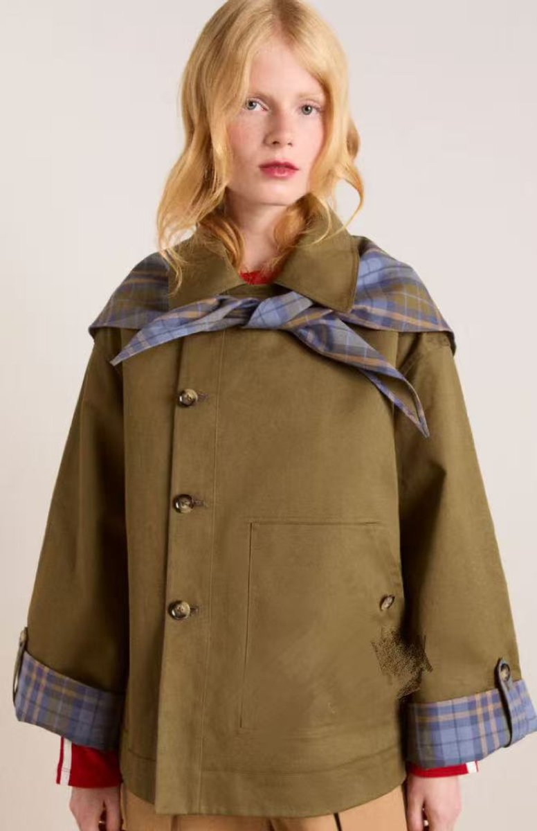 Charlotte Oversized Double-Breasted Trench Coat with Plaid-Lined Collar