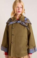 Charlotte Oversized Double-Breasted Trench Coat with Plaid-Lined Collar