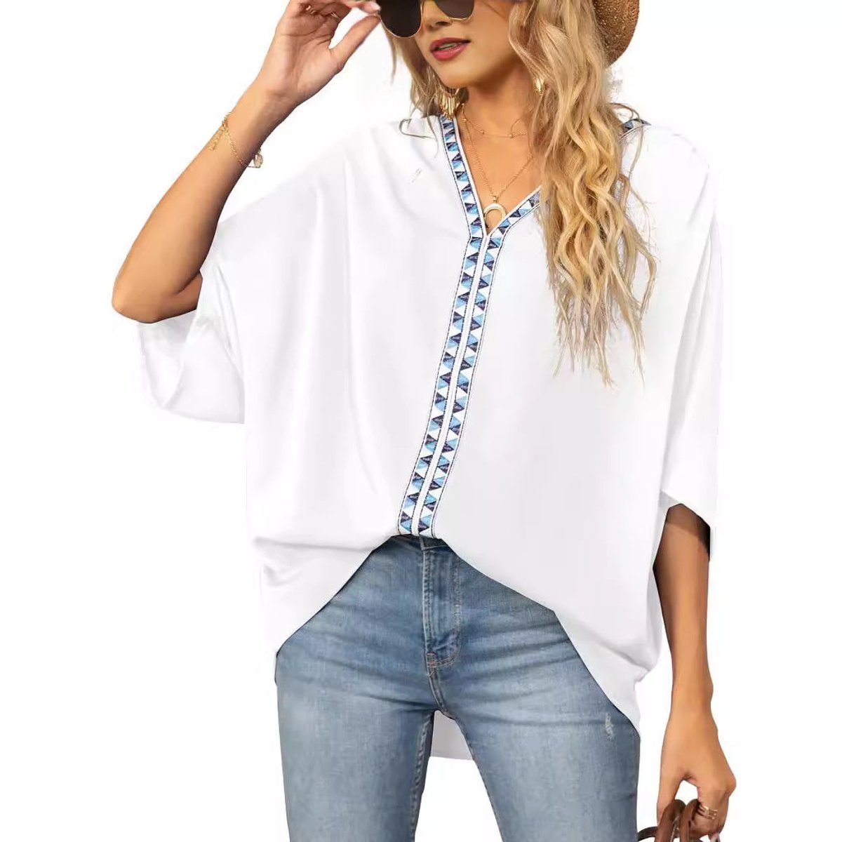 Luisa Oversized V-Neck Tunic with Geometric Embroidery