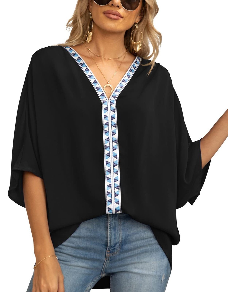 Luisa Oversized V-Neck Tunic with Geometric Embroidery