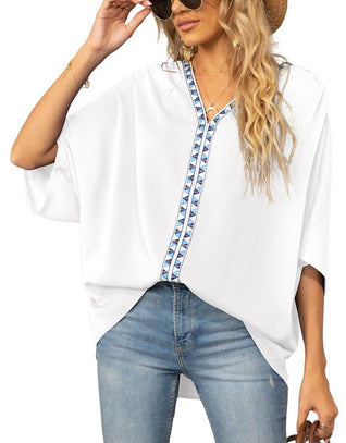 Luisa Oversized V-Neck Tunic with Geometric Embroidery