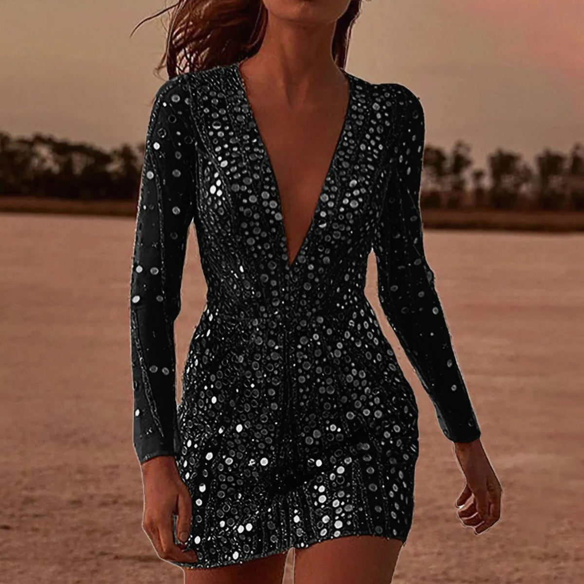 Lena Sequin Long-Sleeve Bodycon Dress