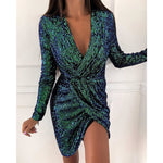 Charlotte Long-Sleeve Sequin Cocktail Dress with Deep V-Neck