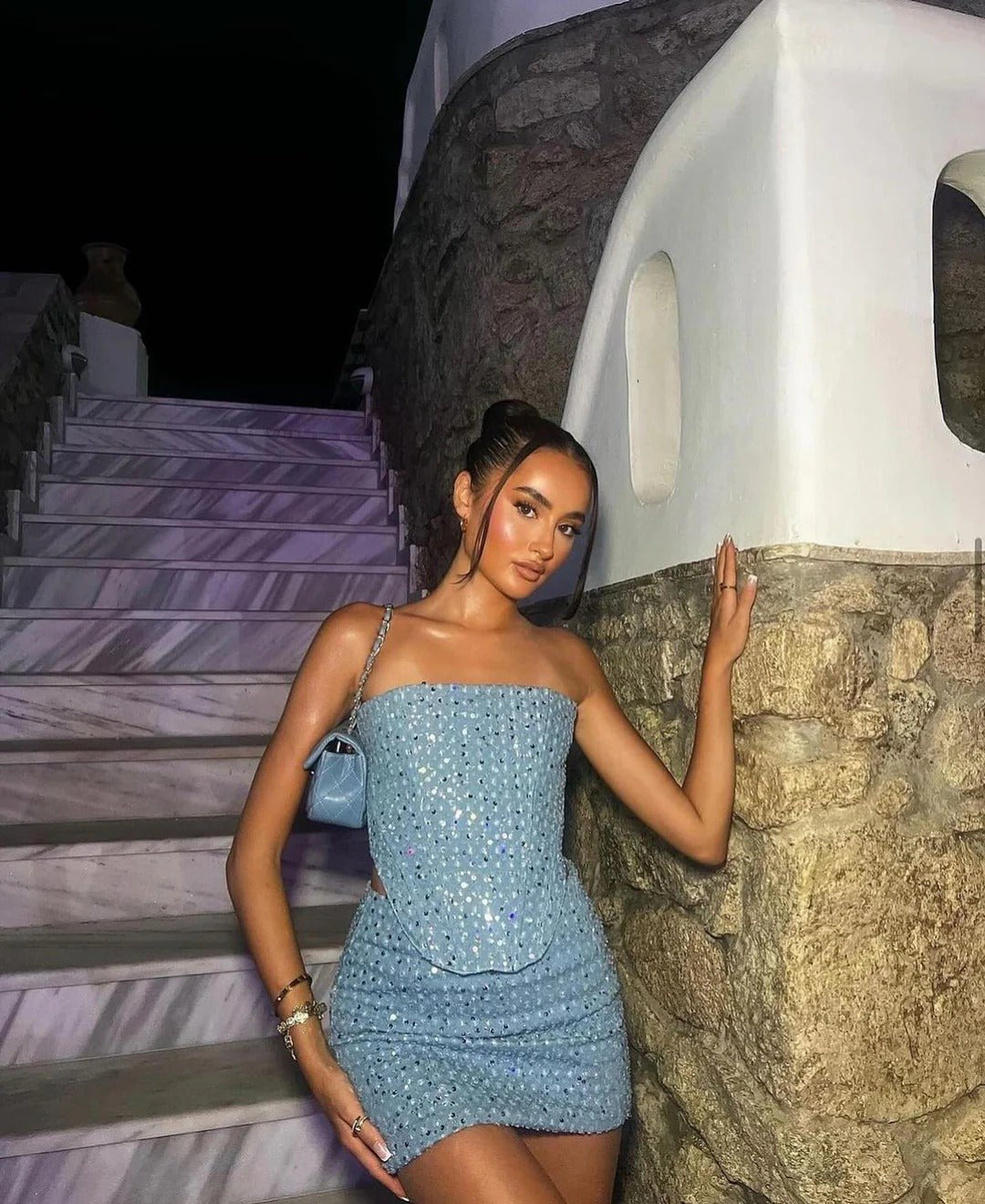 Emilia Sequin Denim Bandeau Top and Skirt Set