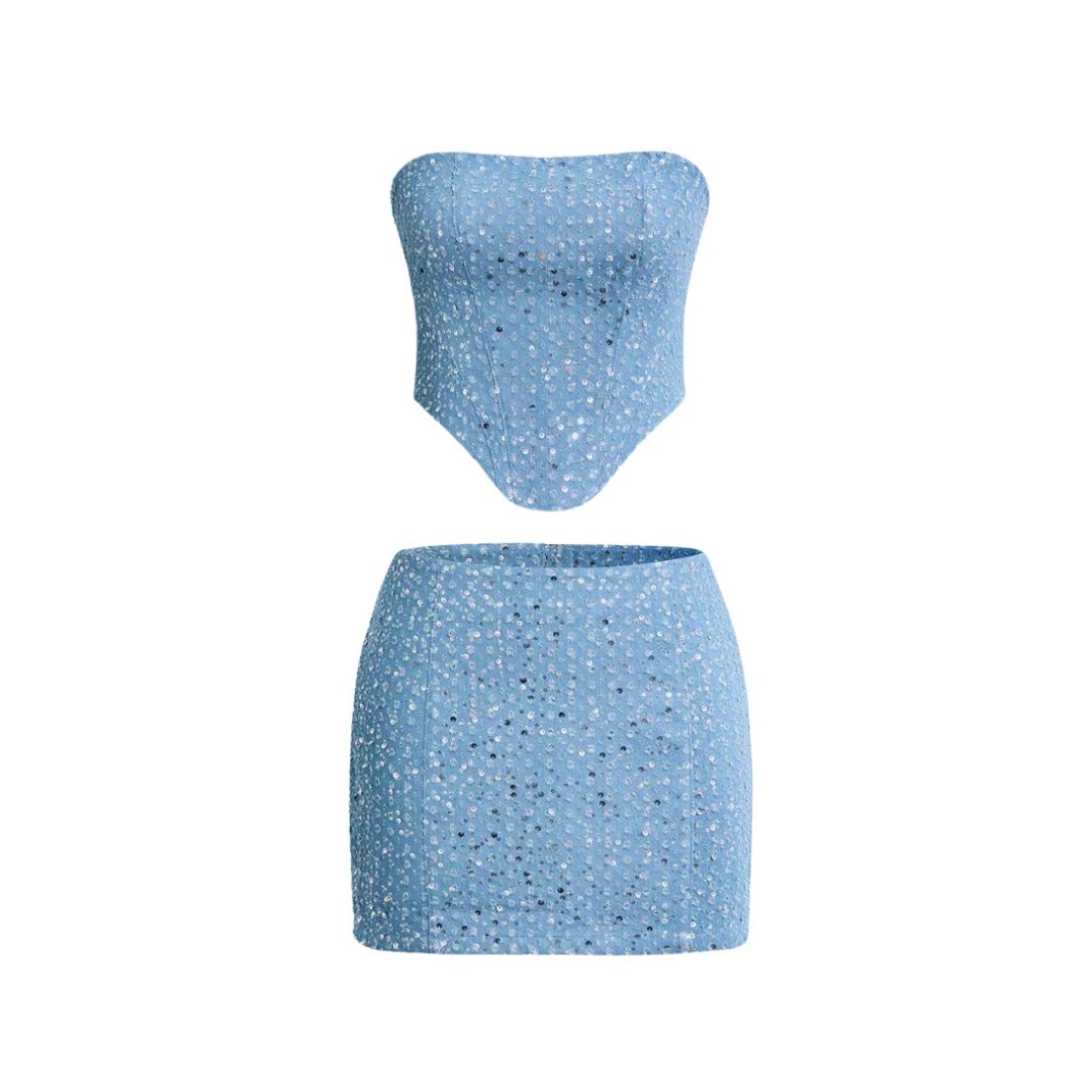 Emilia Sequin Denim Bandeau Top and Skirt Set