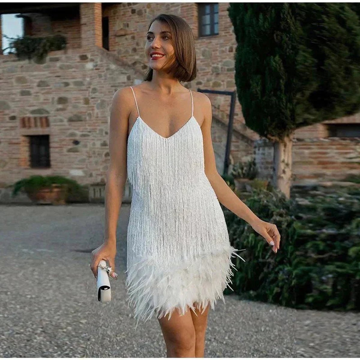 Johanna Sequin Fringe Mini Dress with Feather Trim