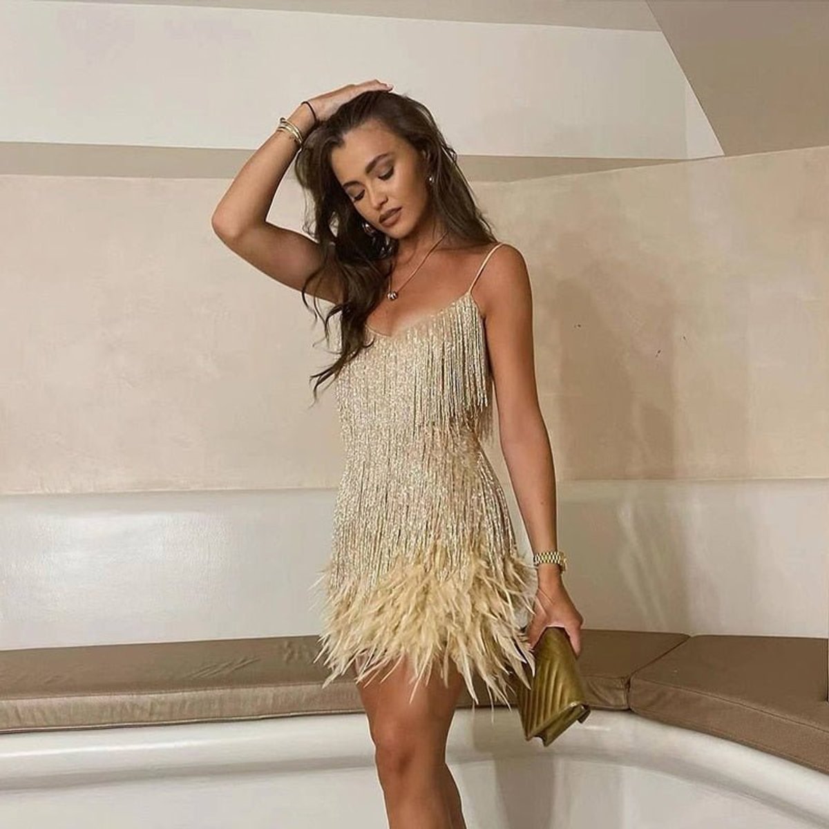 Johanna Sequin Fringe Mini Dress with Feather Trim