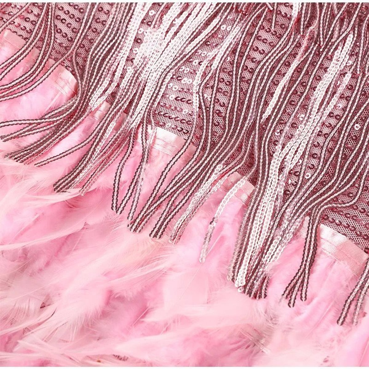 Johanna Sequin Fringe Mini Dress with Feather Trim