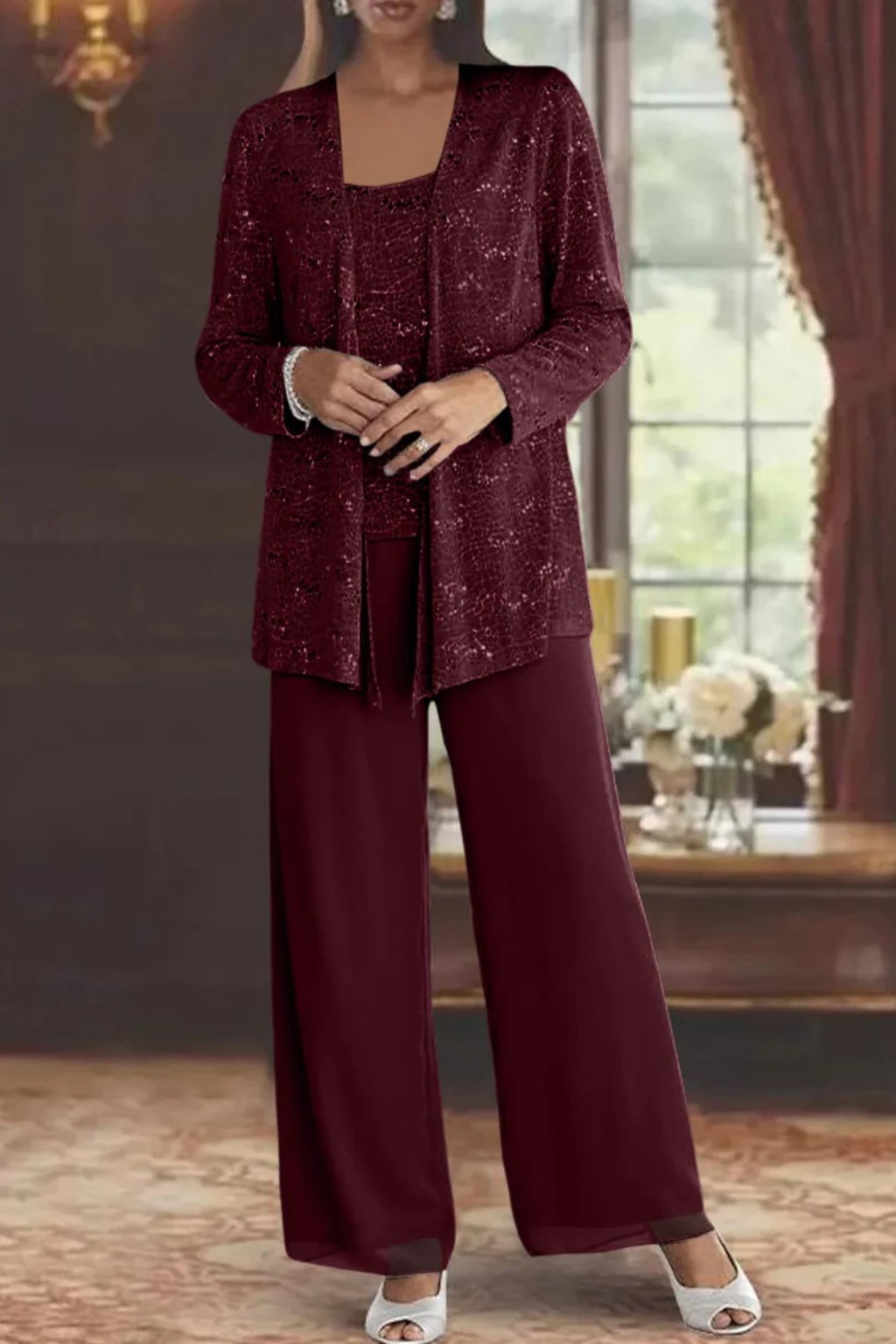 Elfriede Sequin Wide-Leg Three-Piece Suit Set
