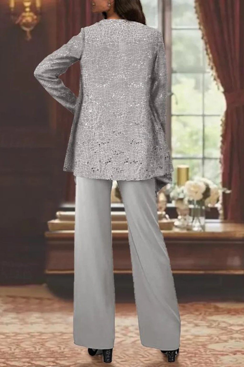 Elfriede Sequin Wide-Leg Three-Piece Suit Set