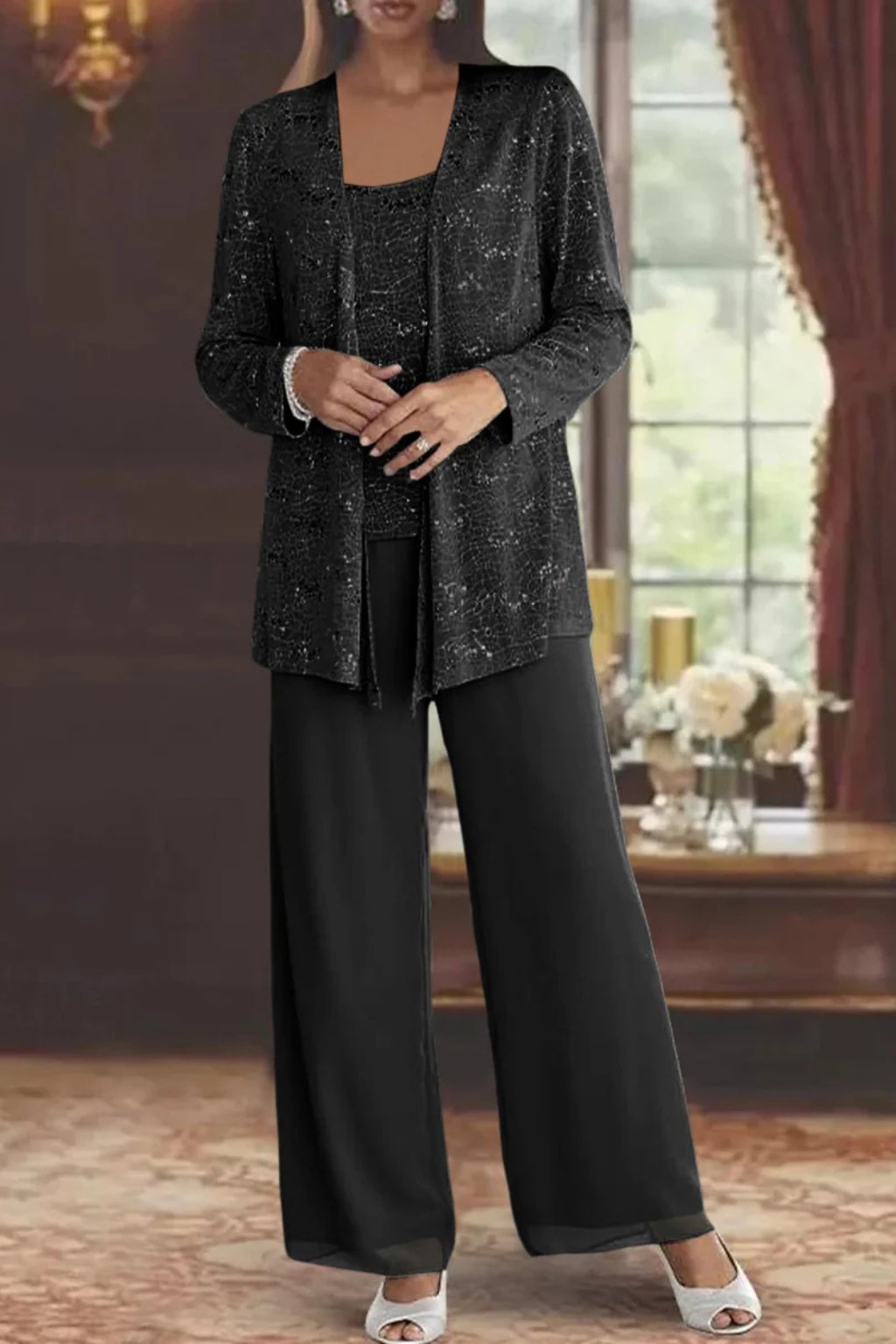 Elfriede Sequin Wide-Leg Three-Piece Suit Set