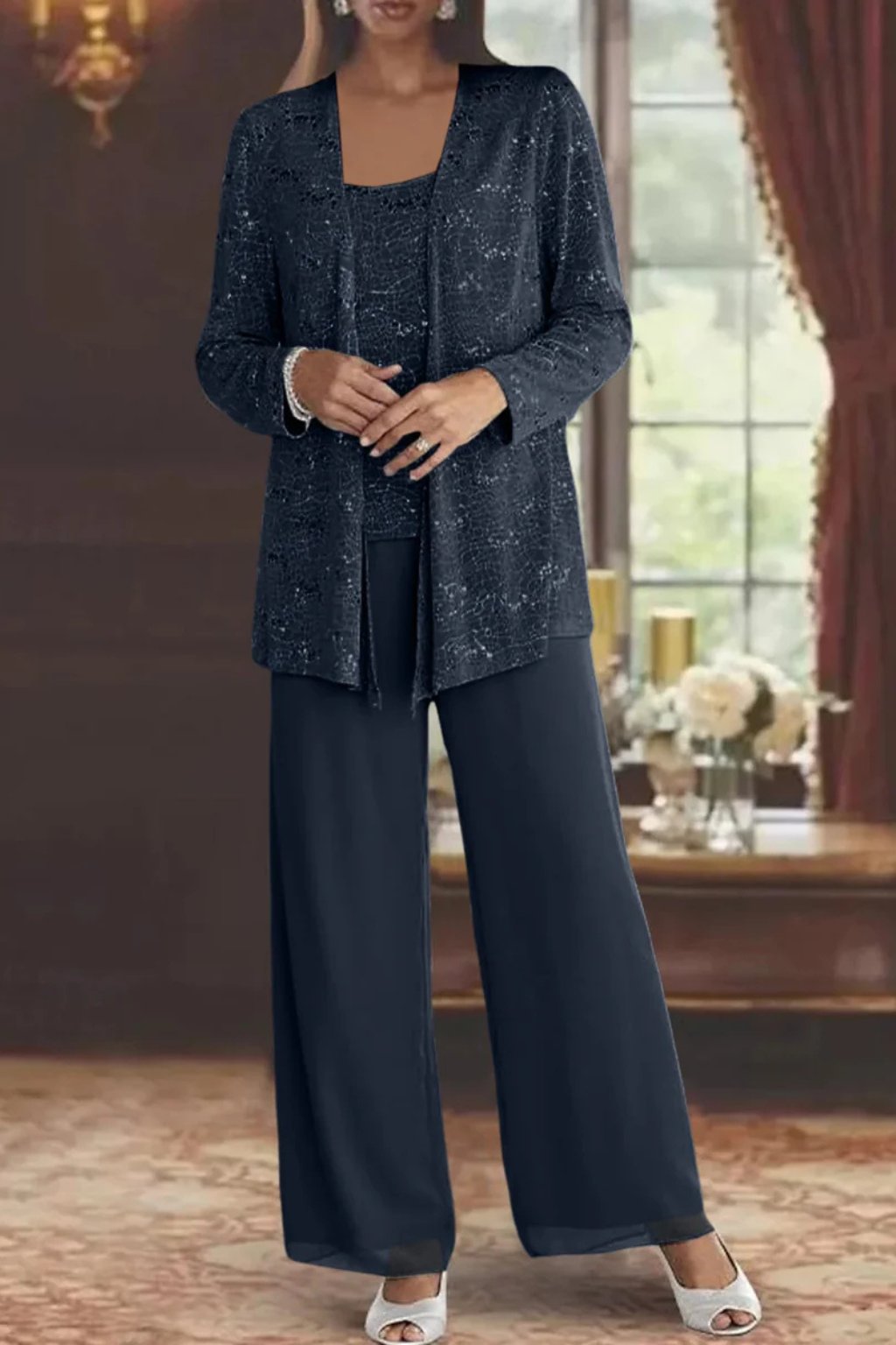 Elfriede Sequin Wide-Leg Three-Piece Suit Set