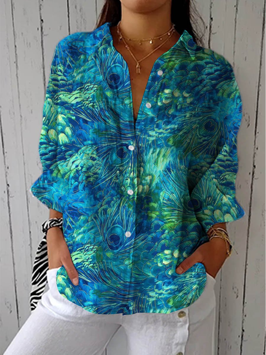 Emilia Peacock Feather Print Button-Up Blouse