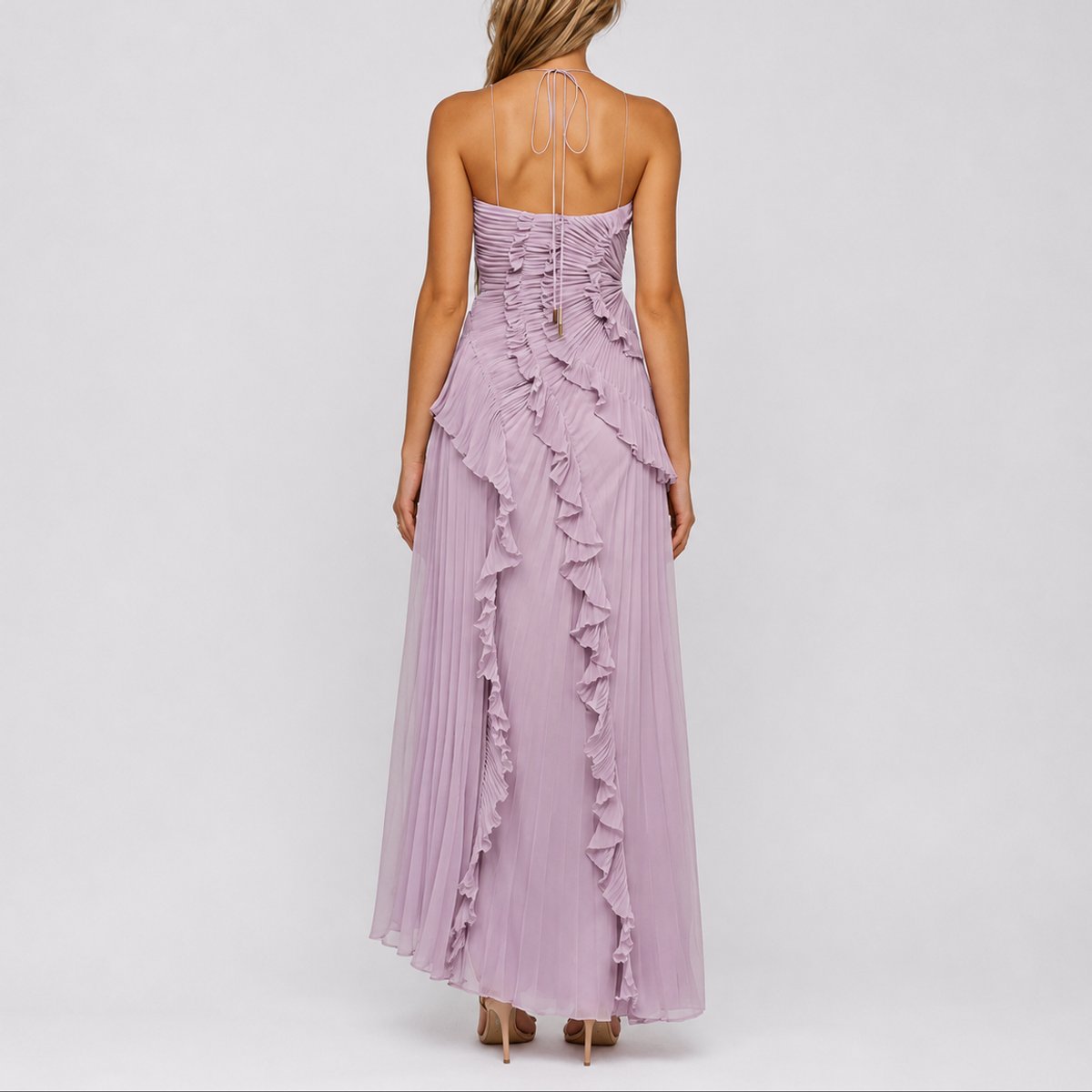 Luisa Pleated Ruffle Halter Maxi Dress