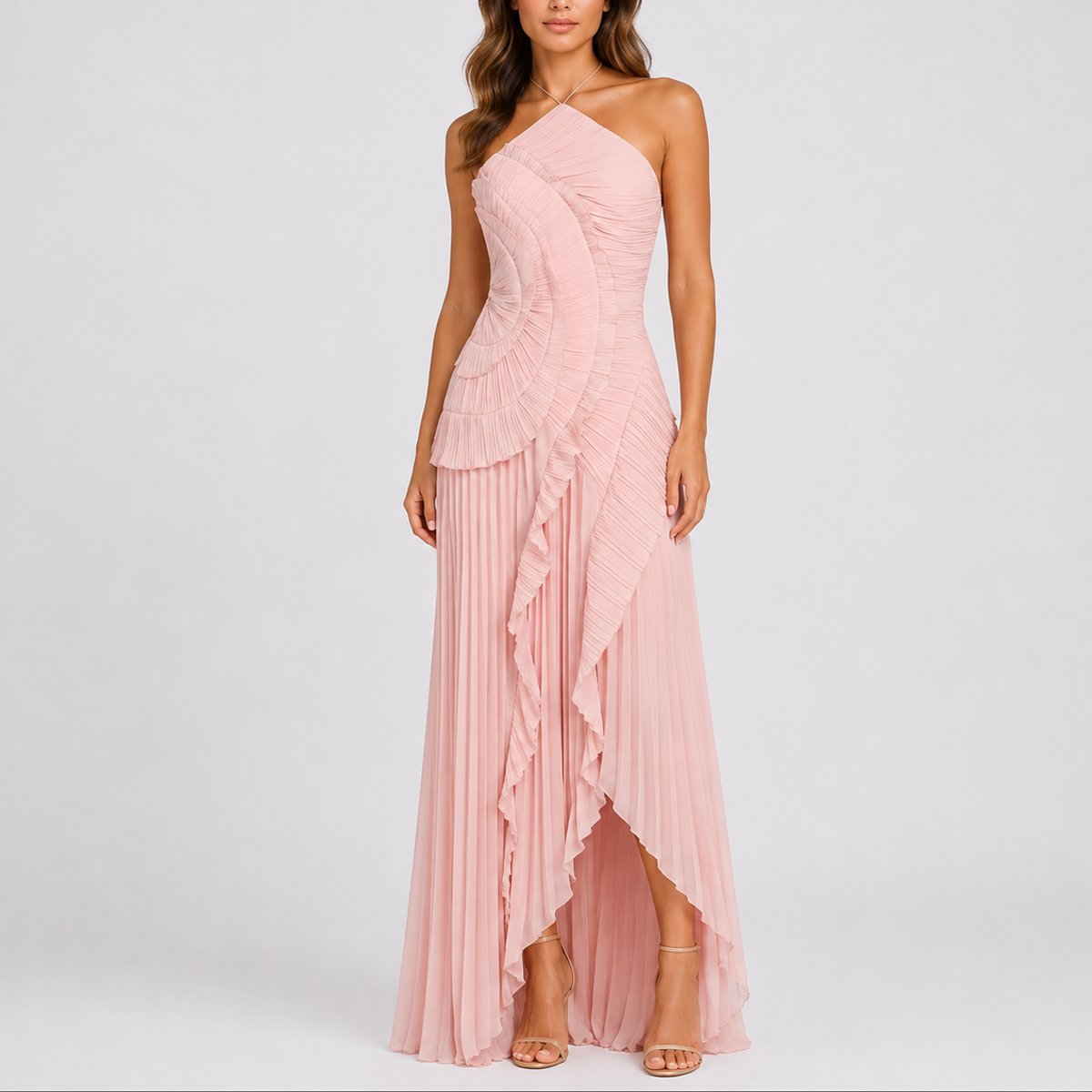 Luisa Pleated Ruffle Halter Maxi Dress
