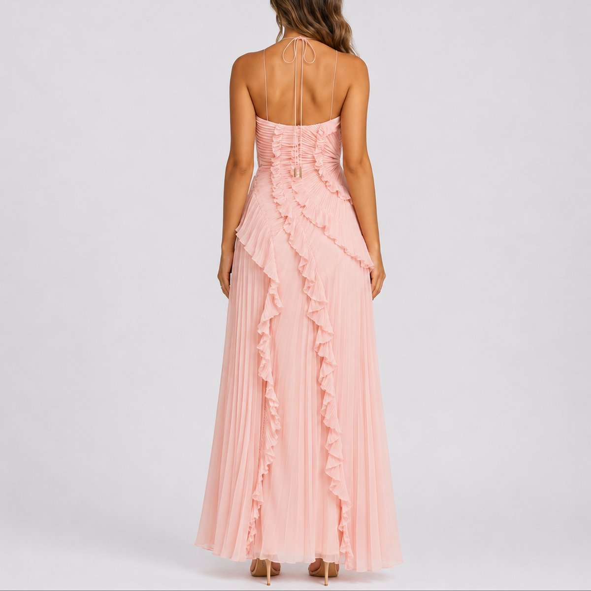 Luisa Pleated Ruffle Halter Maxi Dress