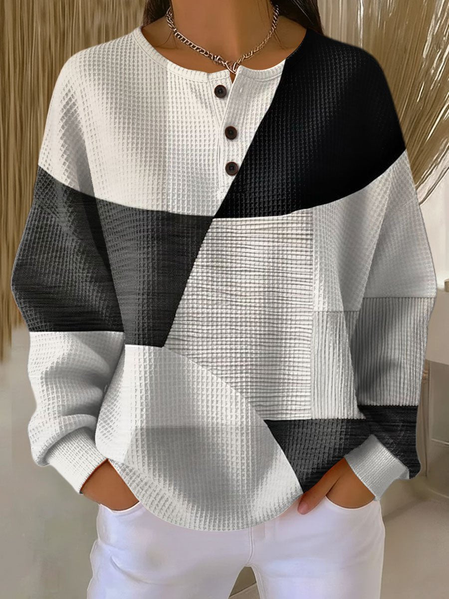 Annika Colorblock Waffle Knit Henley Sweater