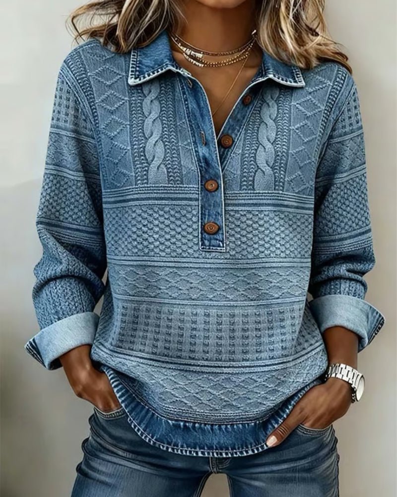 Charlotte Relaxed Fit Half-Button Denim Collar Sweatshirt