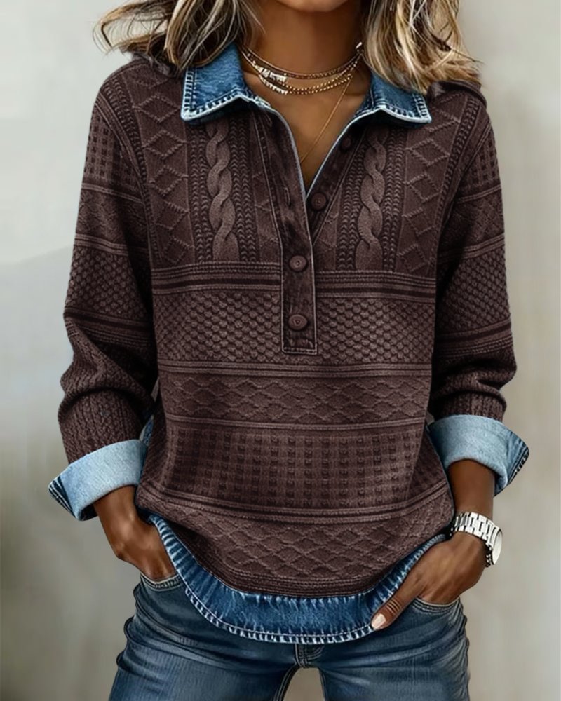 Charlotte Relaxed Fit Half-Button Denim Collar Sweatshirt