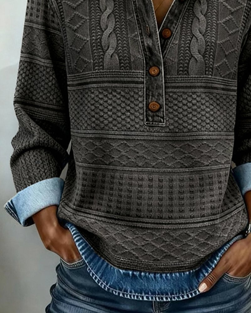 Charlotte Relaxed Fit Half-Button Denim Collar Sweatshirt