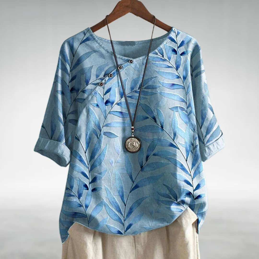 Frieda Relaxed Fit Linen Blouse with Leaf Print
