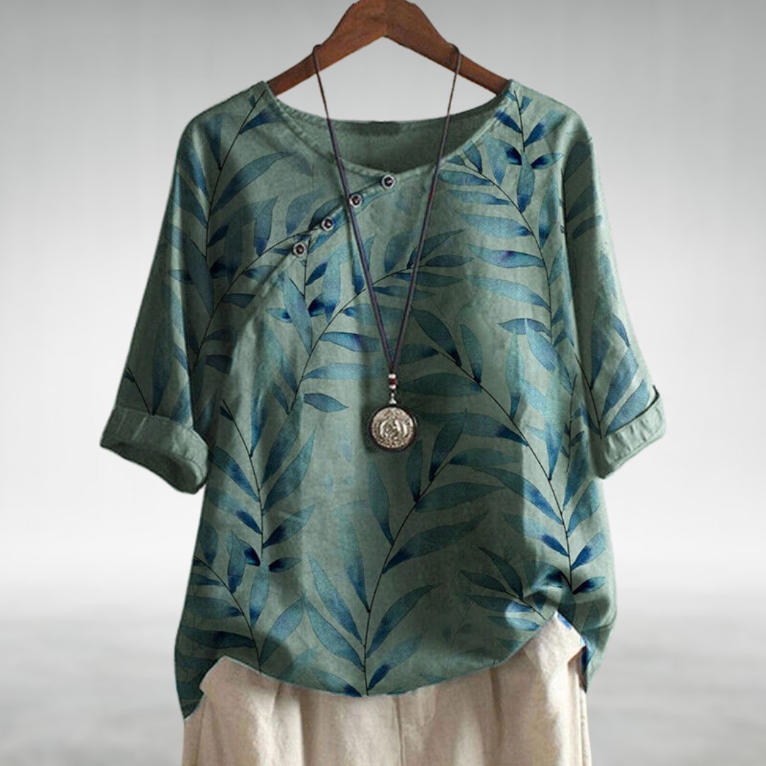 Frieda Relaxed Fit Linen Blouse with Leaf Print