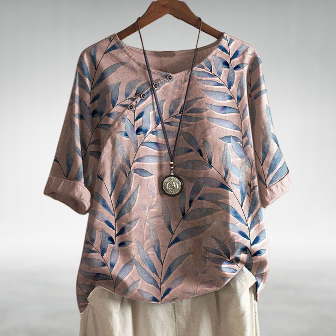 Frieda Relaxed Fit Linen Blouse with Leaf Print