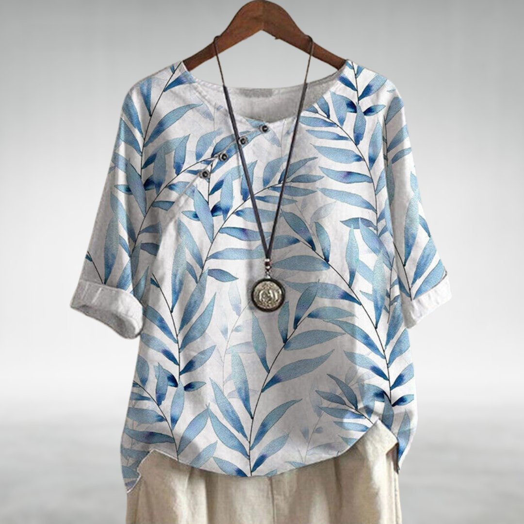Frieda Relaxed Fit Linen Blouse with Leaf Print