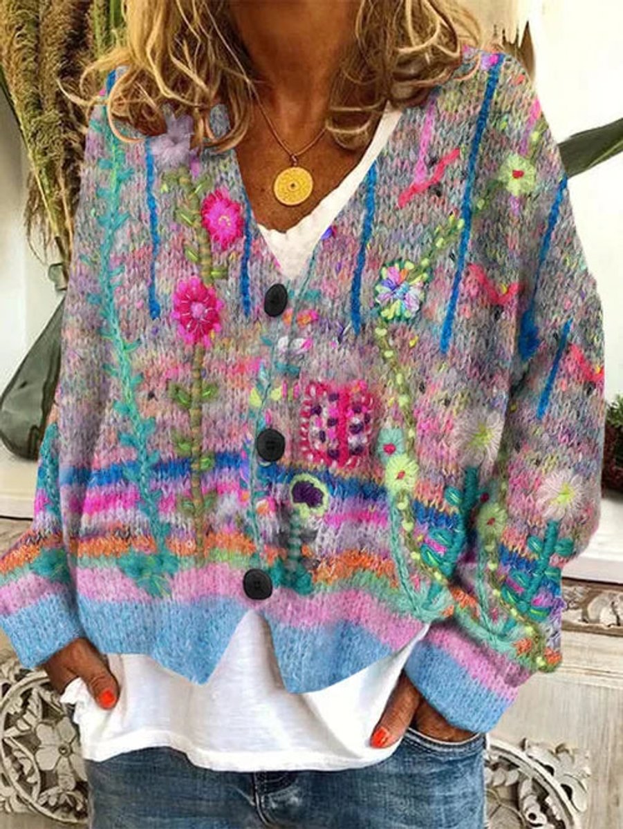 Marie Retro Floral Button-Front Cardigan