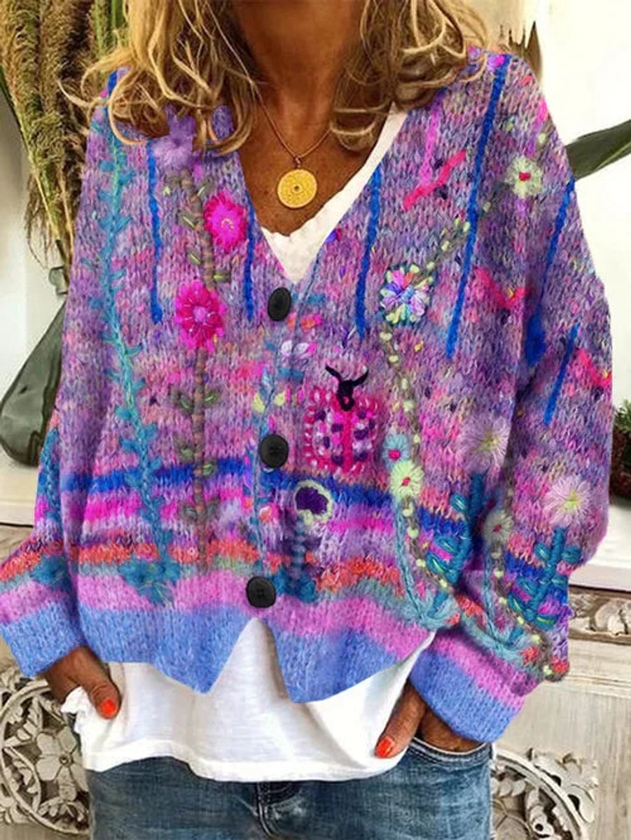 Marie Retro Floral Button-Front Cardigan