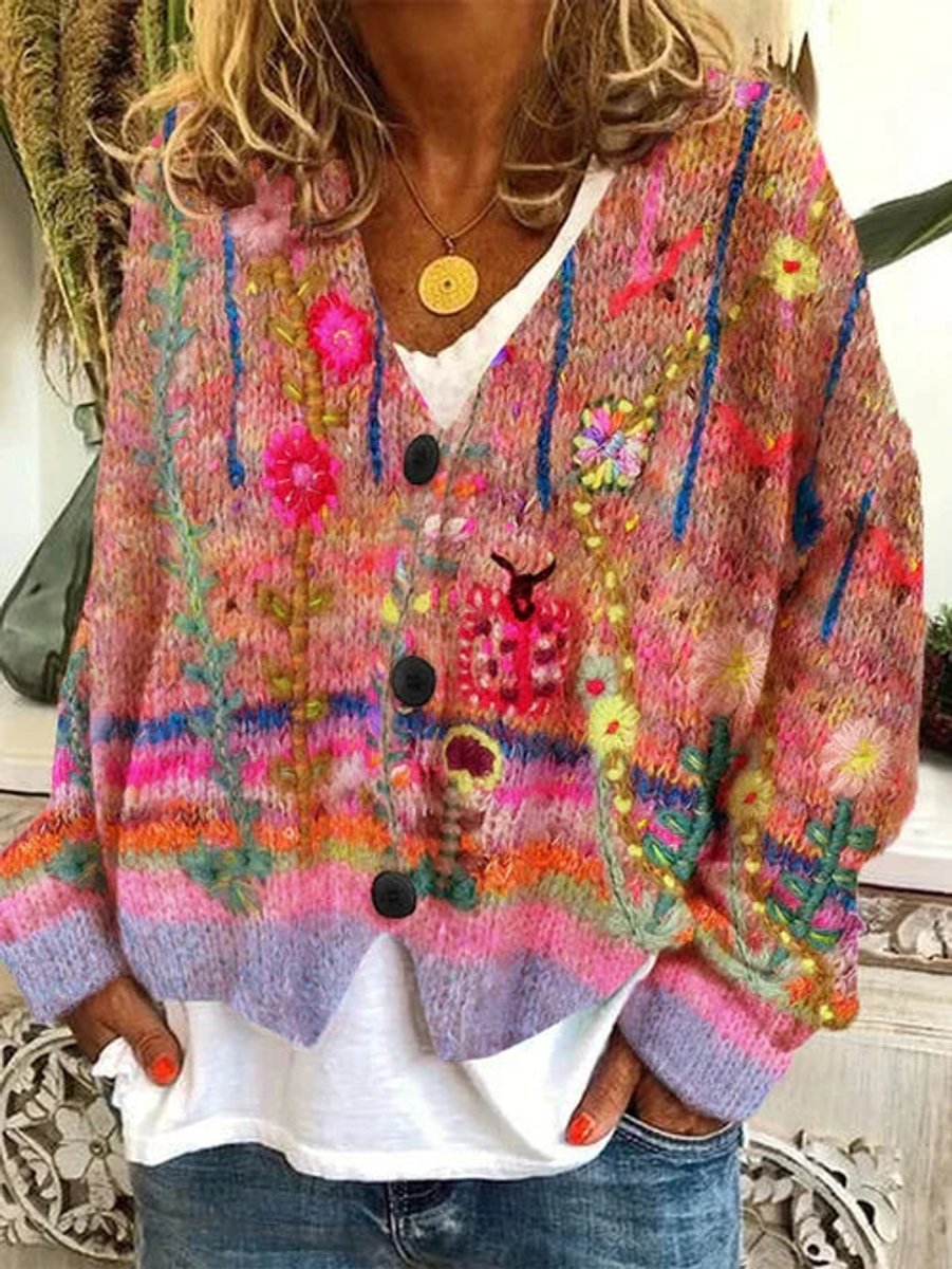 Marie Retro Floral Button-Front Cardigan