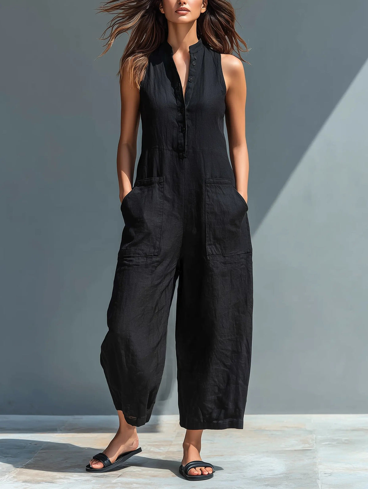 Annika Sleeveless Linen Button-Up Jumpsuit