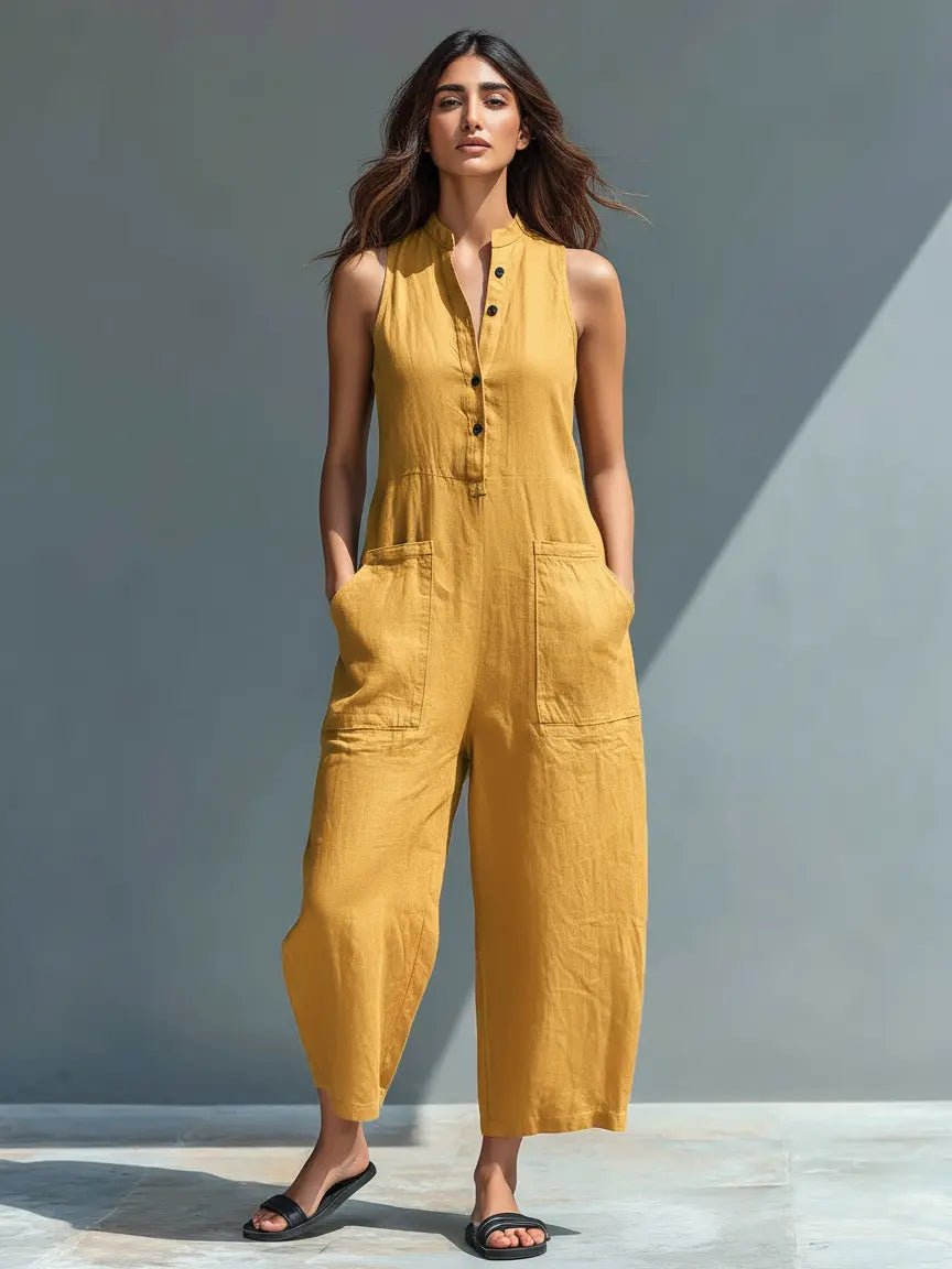Annika Sleeveless Linen Button-Up Jumpsuit